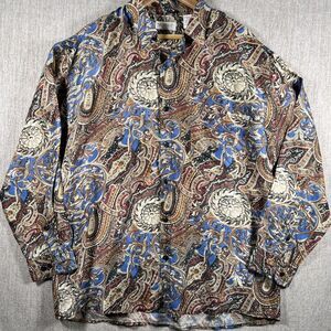 Summa Mens 100% Silk Button Up Shirt Large Architectural Print Long Sleeve 90s